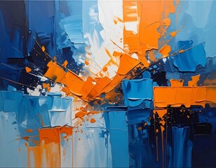 Dynamic interplay of blue and orange in an abstract expressionist painting