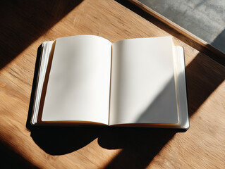 Open notebook with blank pages on a wooden desk, soft winter light, minimal planning aesthetic.