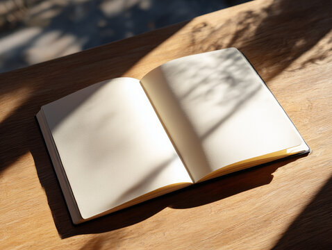Open notebook with blank pages on a wooden desk, soft winter light, minimal planning aesthetic.