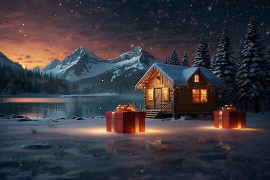 ❄️ Winter snow landscape scene of a cozy blue cottage or cabin in the woods or mountains under the night sky - Powered by Adobe