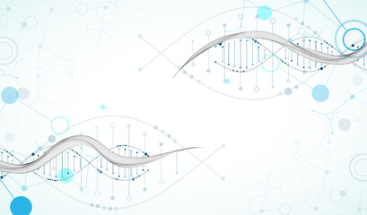 Abstract image of DNA molecule on wireframe wave. Scientific vector background.