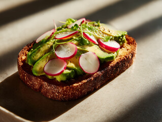 Toasted sourdough with avocado and radish, clean tabletop, crisp high-end food lighting