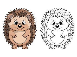 A charming illustration of a friendly hedgehog next to its black and white outline for coloring.