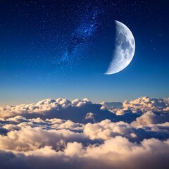 Dreamy sky scene A crescent moon hangs above soft clouds under a starlit blue sky at dusk, offering serenity