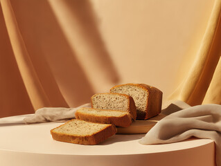 Vegan banana bread slices on a minimalist table, soft warm tones, uncluttered composition