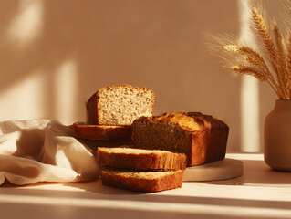 Vegan banana bread slices on a minimalist table, soft warm tones, uncluttered composition