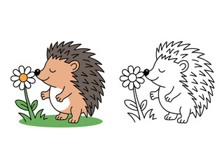 A cute cartoon hedgehog is shown smelling a daisy flower in a grassy field, with a separate line art version for coloring