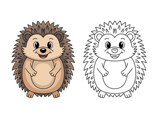 A charming cartoon hedgehog is presented in both a colored illustration and a black and white outline for coloring fun.