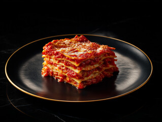 Vegan lasagna with rich tomato layers, minimal plate, elegant editorial perspective.