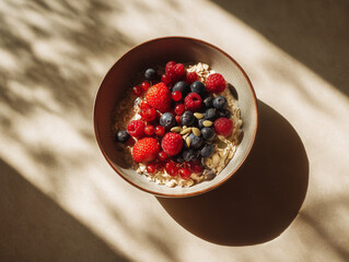 Vegan oatmeal bowl with berries and seeds, warm morning glow, minimal editorial layout