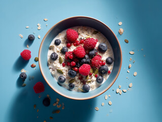 Vegan oatmeal bowl with berries and seeds, warm morning glow, minimal editorial layout