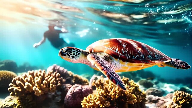 A vivid underwater scene featuring a turtle swimming gracefully above a coral reef. The turtles shell is a striking shade of orange and yellow, with intricate patterns of black and white.