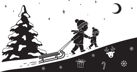 Children pulling a sled on a snowy hill in winter night