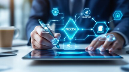 A business professional hand on tablet with digital workflow diagram object performing process planning action through data driven strategy technology in modern management environment.