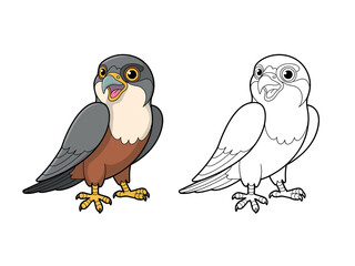 A cartoon peregrine falcon is depicted with an open beak, next to its black and white outline version for coloring.