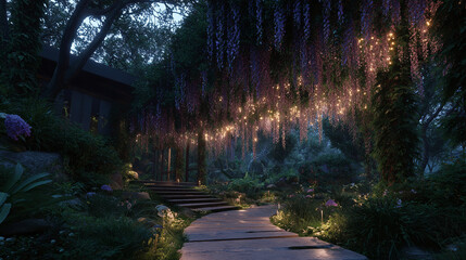 A captivating view of an enchanting garden pathway with a building during twilight, with vibrant wisteria blossoms hanging from above, enhanced by the illumination