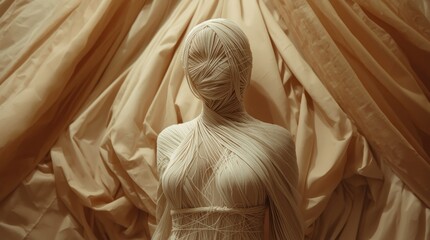Artistic Wooden Figure Surrounded by Draped Fabric