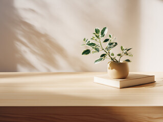 Workspace with light wooden surface and single indoor plant, soft winter light, editorial minimalism