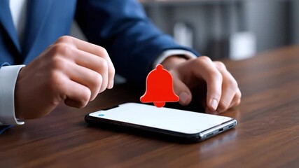 Businessman Activating Digital Notification Bell on Smartphone for App Alerts and Subscriptions, Modern Technology Concept