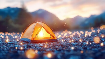 A camping tent glows with warm light at sunset, surrounded by bokeh lights, with mountains in the background.