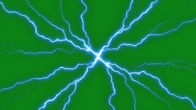 Electric blue lightning bolts radiating from a central point against a vibrant green background.