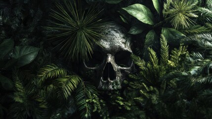 Naklejka premium A skull shrouded in dense greenery, a reminder of nature's embrace. 