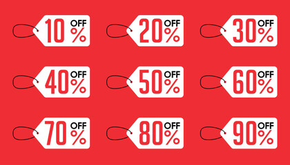 Promotion hold tag. Special offer discount on red tags shapes with different value percent off 90, 80, 70, 60, 50, 40, 30, 20, and 10%.	