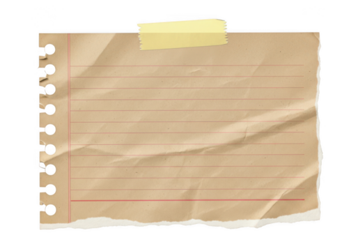 Crumpled torn notebook paper with tape on transparent background
