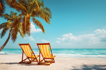 Relaxing beach scene with sun loungers under palm trees by the ocean