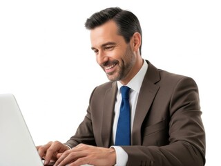 Businessman smiling while working on a laptop computer
