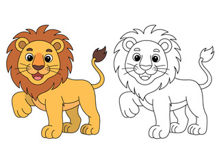 A cute cartoon lion is depicted in two styles: one colored and one for children to color, showcasing playful and educational animal representation.