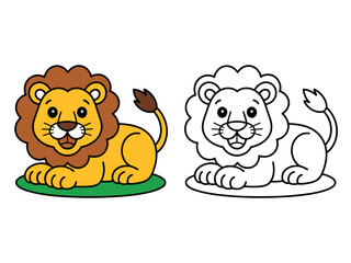 A cartoon lion is depicted next to its outline for coloring, showcasing a playful and educational animal illustration for children.