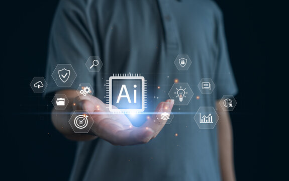 AI technology concept with user presenting digital icons representing automation, data processing, security, innovation, smart solutions, showcasing modern intelligent systems and business efficiency.