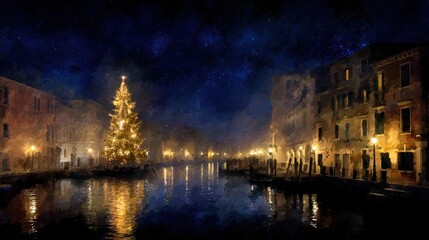 Obraz premium Christmas tree illustration on the Grand Canal in Venice, painterly style holiday celebration with vibrant lights