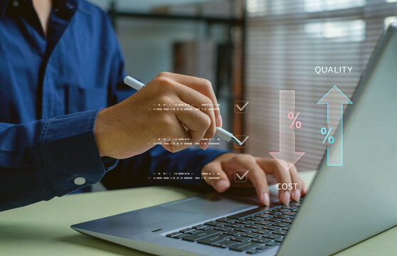 professional using a laptop with digital graphics showing reduced cost and improved quality, representing business optimization, efficiency strategy, and smart performance management.
