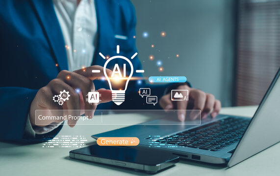 Generative AI concept featuring person using laptop with holographic AI icons, command prompt interface, illustrating automation, intelligent agents, modern artificial intelligence workflows. - Powered by Adobe