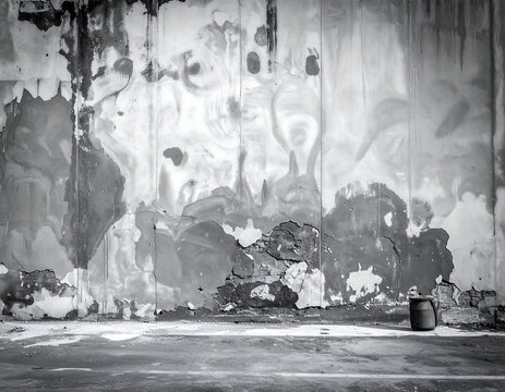 Dilapidated monochrome wall with peeling paint and abstract textures, plus a solitary bin on the pavement