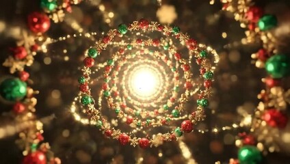 Captivating Christmas Ornaments swirling in a mesmerizing tunnel of lights, creating a magical atmosphere. Festive season decorations sparkle and shine.