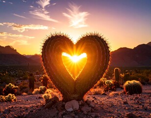 Desert sunset shining through heart-shaped cactus in arid landscape, silhouetted mountains beyond