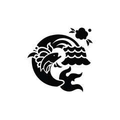 Naklejka premium Koi fish swimming in a stylized wave with a cloud and flower isolated on white background isolated on transparent background