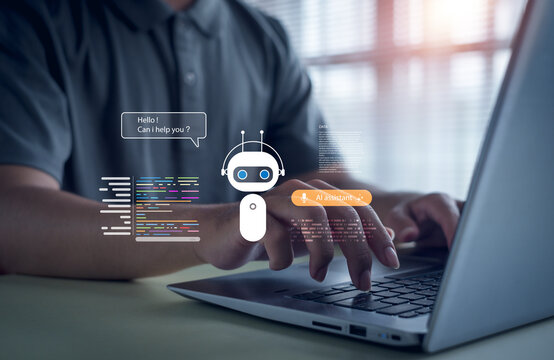 person typing on a laptop with a virtual AI assistant and chatbot interface, illustrating artificial intelligence, digital technology, automation, machine learning, and smart communication tools. - Powered by Adobe
