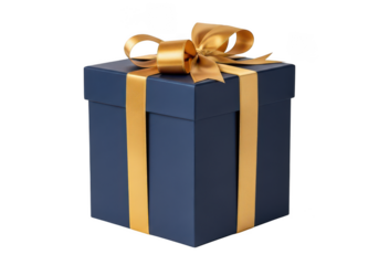 Navy blue gift box with gold ribbon and bow on transparent background
