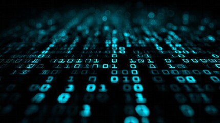 Illuminated binary code streams across a dark digital surface with shallow depth of field