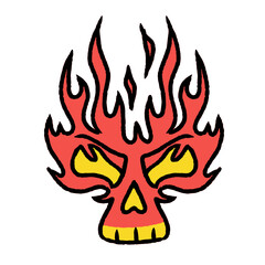 Cartoon skull in fire flame. Graffiti vector illustration