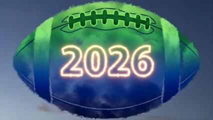Futuristic Glowing 2026 American Football in Vibrant Green and Blue Hues