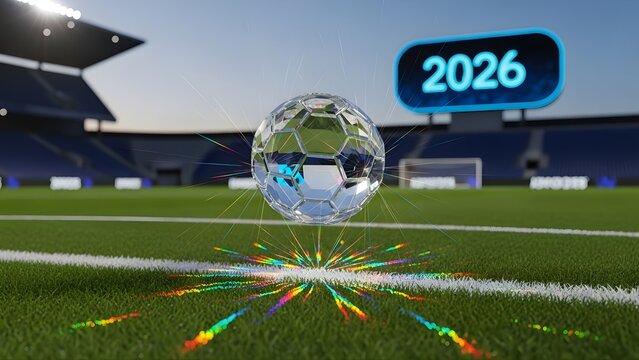 Futuristic Crystal Soccer Ball with 2026 Sign in a Grand Stadium
