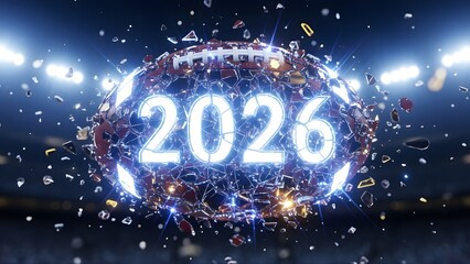 Dynamic 2026 glowing football shattering into pieces with stadium lights.
