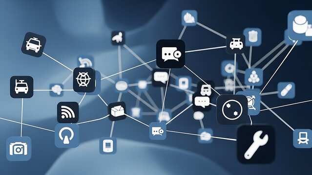 Connecting networks of digital icons representing technology, communication, and data flow on a blue gradient background - Powered by Adobe