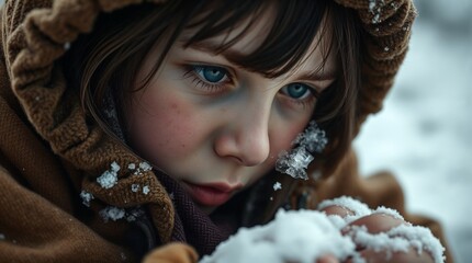 Girl with a Sad Mood Looking at Falling Snow in a Winter Scene Against a Forest Background &mdash; Illustration for the Czech Fairy Tale &ldquo;About 12 Months&rdquo;