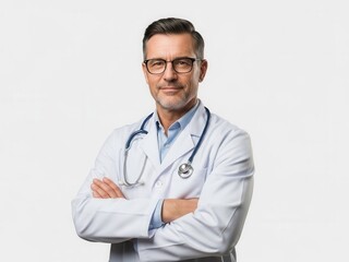 Doctor with stethoscope arms crossed white background